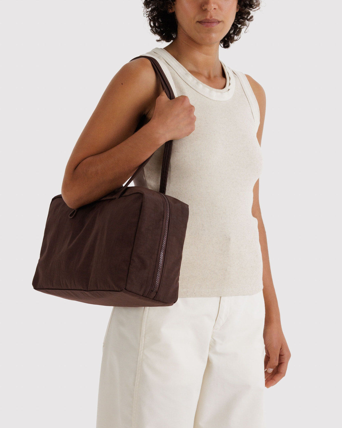 Mahogany nylon bowler bag with top zip and carry handles