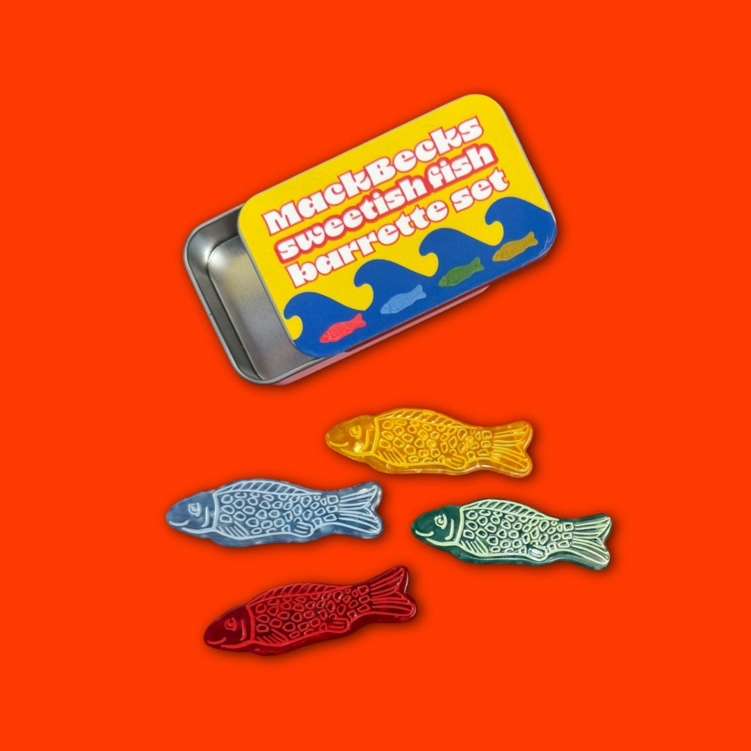 Fish barrette set: metal tin plus five multicolor fish hair clips