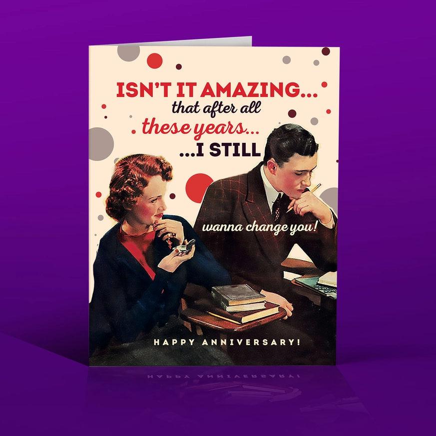 Anniversary greeting card with vintage couple holding drinks, red and dark blue text