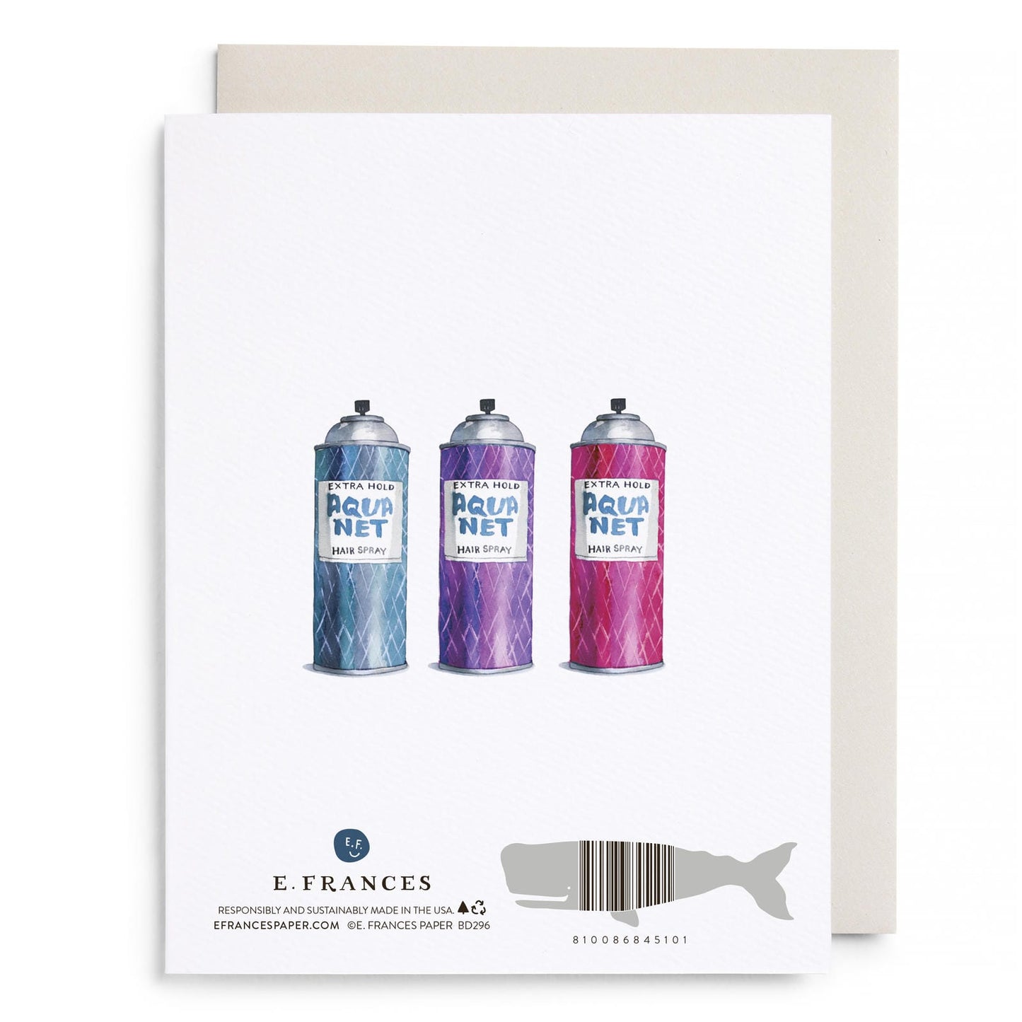Birthday greeting card with three hair spray cans in blue, purple, and pink