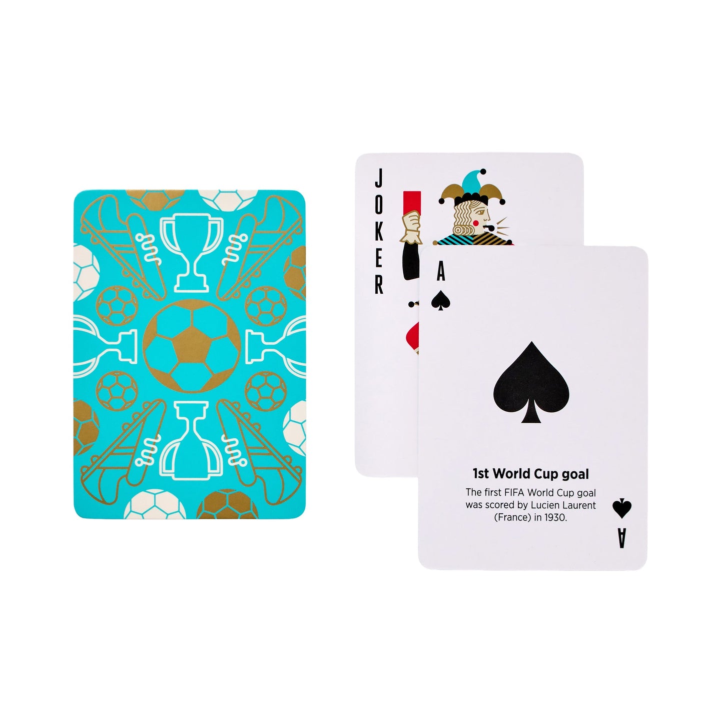 Football-themed playing cards: patterned card and Joker with spade showing goal text.