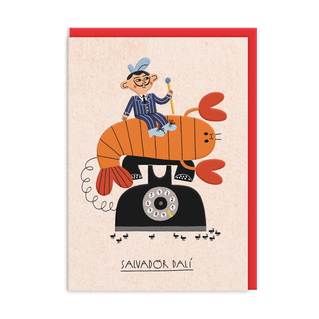 Salvador Dalí greeting card with man riding a lobster telephone illustration