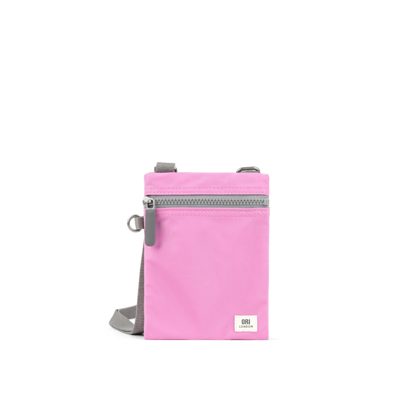 Orchid recycled nylon pocket crossbody bag with front zipper and adjustable strap