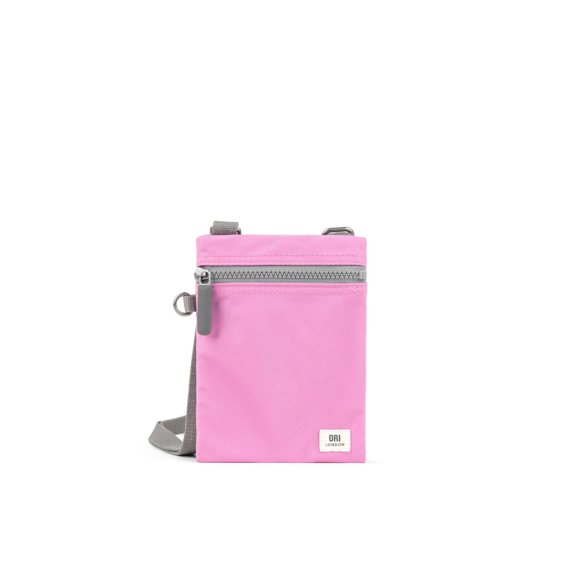 Orchid recycled nylon pocket crossbody bag with front zipper and adjustable strap