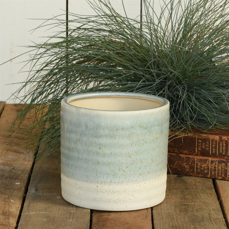 Medium ceramic cachepot with speckled light blue-gray glaze and open top