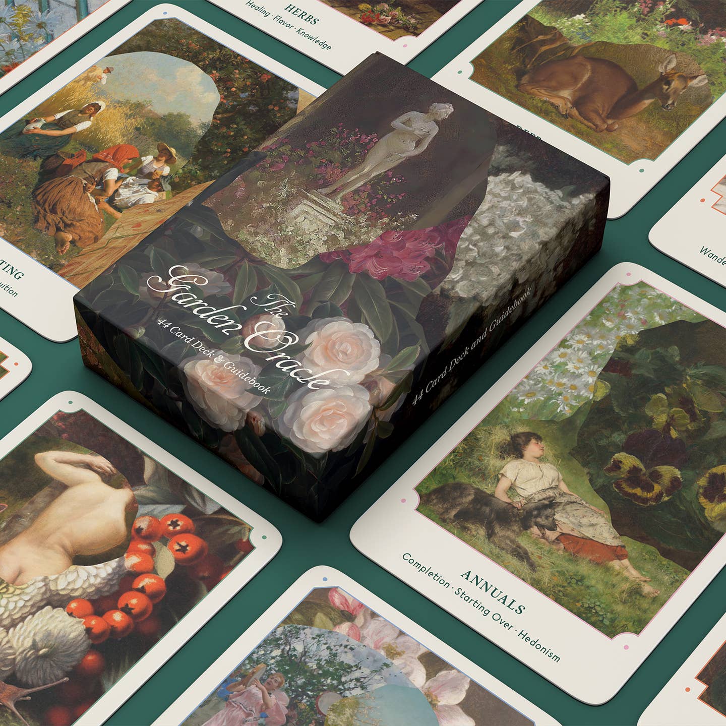 Oracle card deck and guidebook box with floral rose artwork