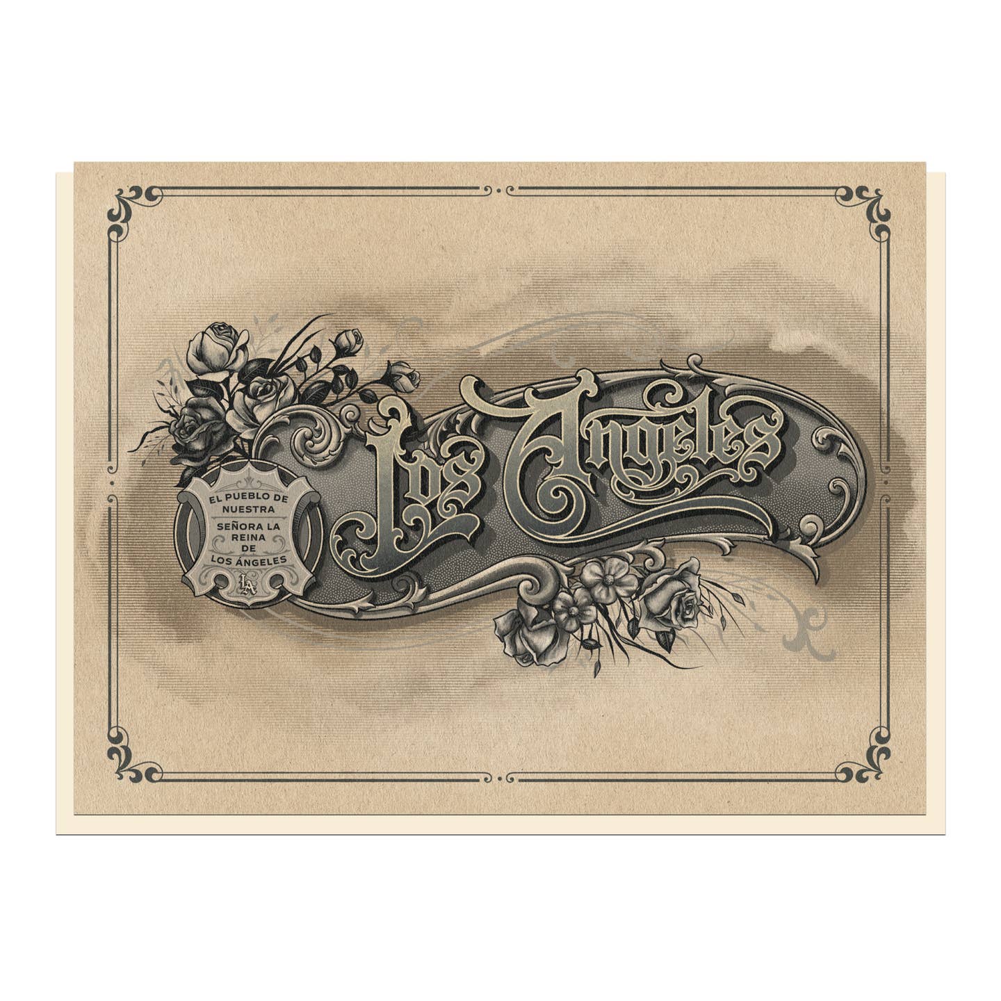 Vintage ephemera greeting card with ornate scroll frame, scripted text, roses, sepia tone