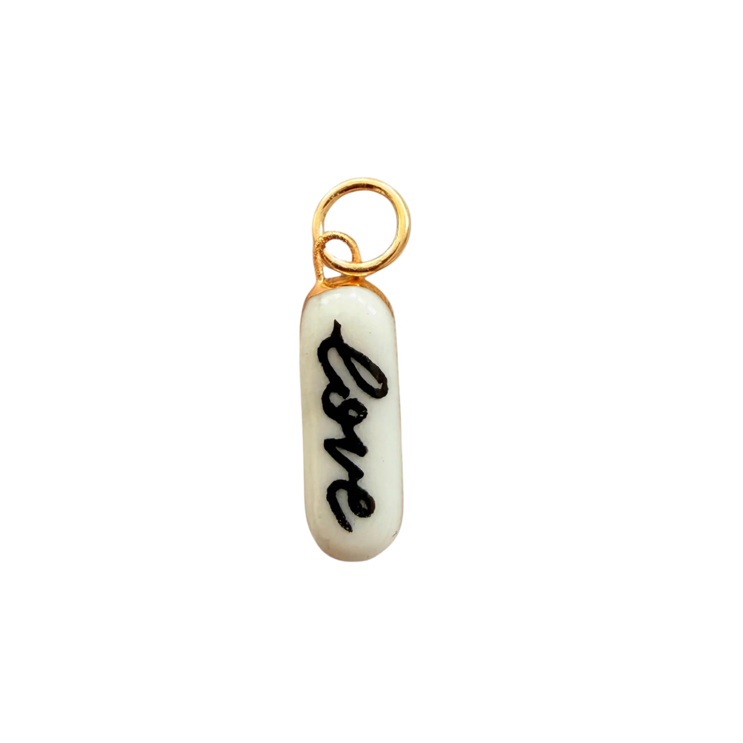 Porcelain love bar charm with gold loop, oval cream tag and black cursive Love