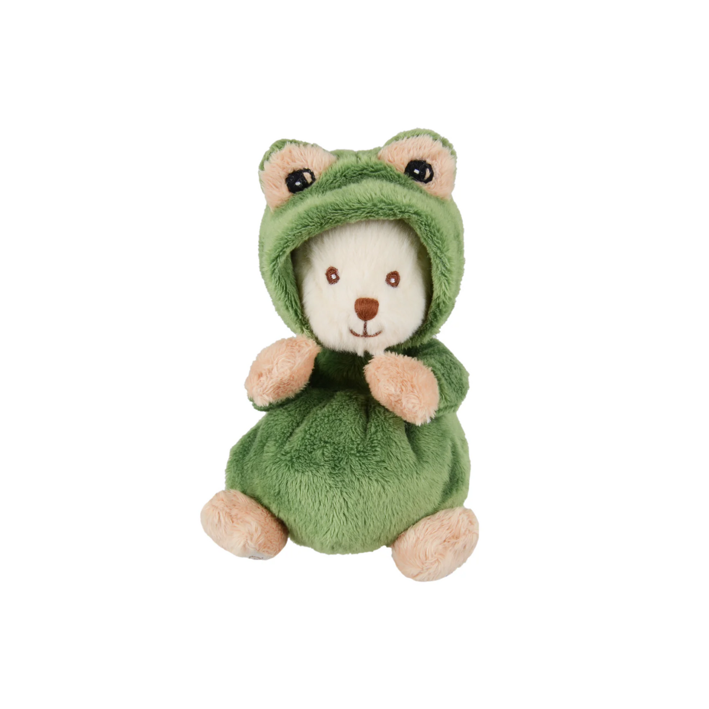 Green hooded plush with white face, bear ears, and small paws