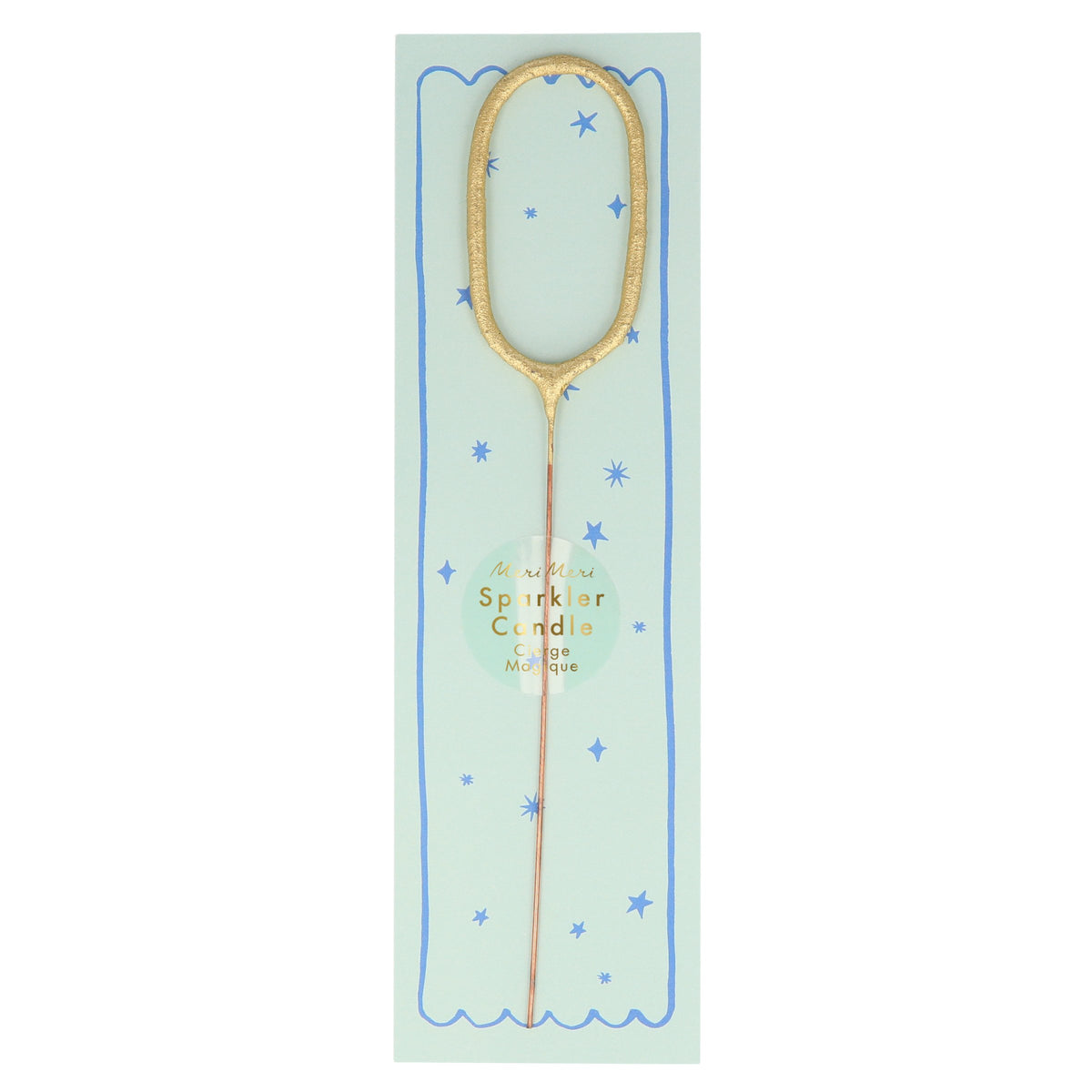 Gold number sparkler candle 0 with blue star pattern and pale blue center