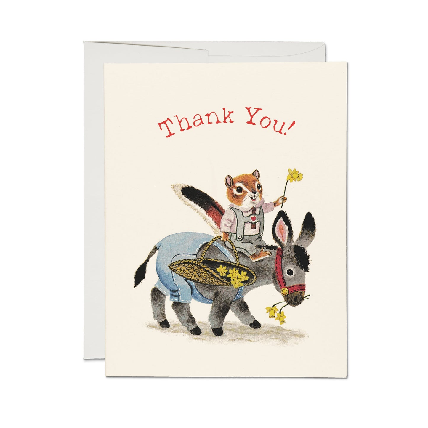 Thank you card with chipmunk and donkey illustration, red 'Thank You' lettering