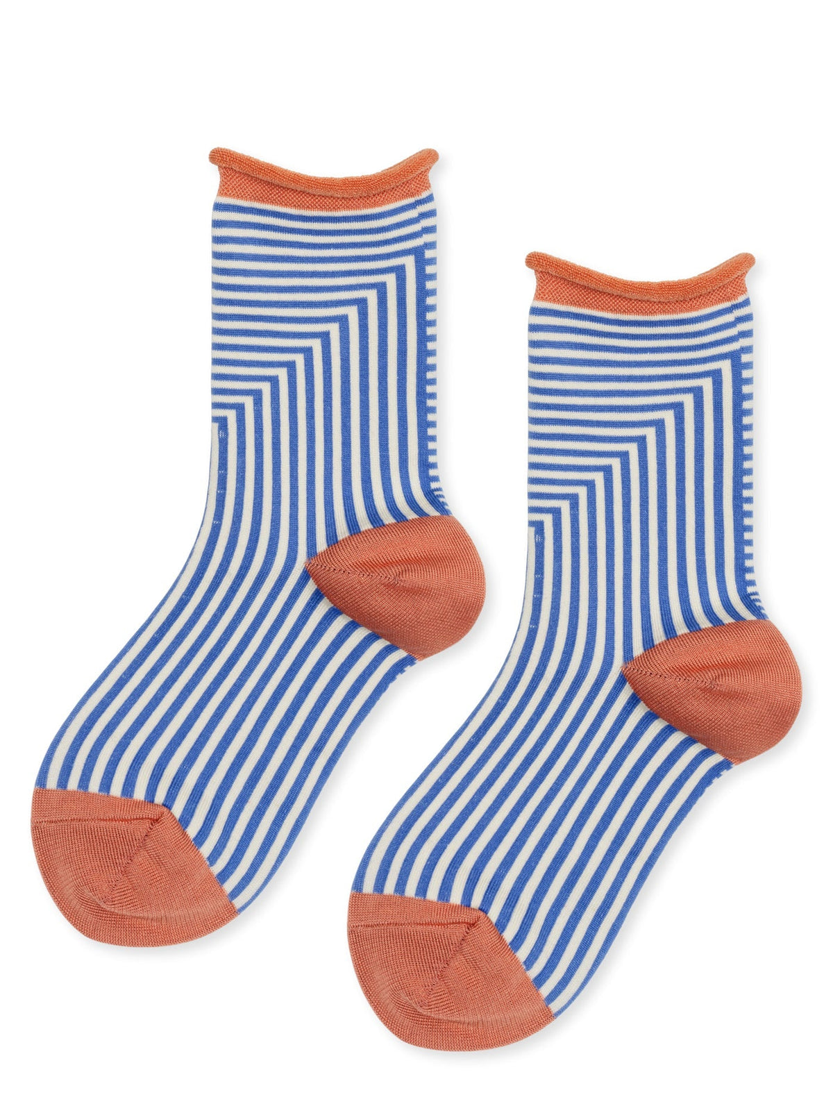 Striped crew socks with cornflower blue and orange knit cuff, toe, and heel