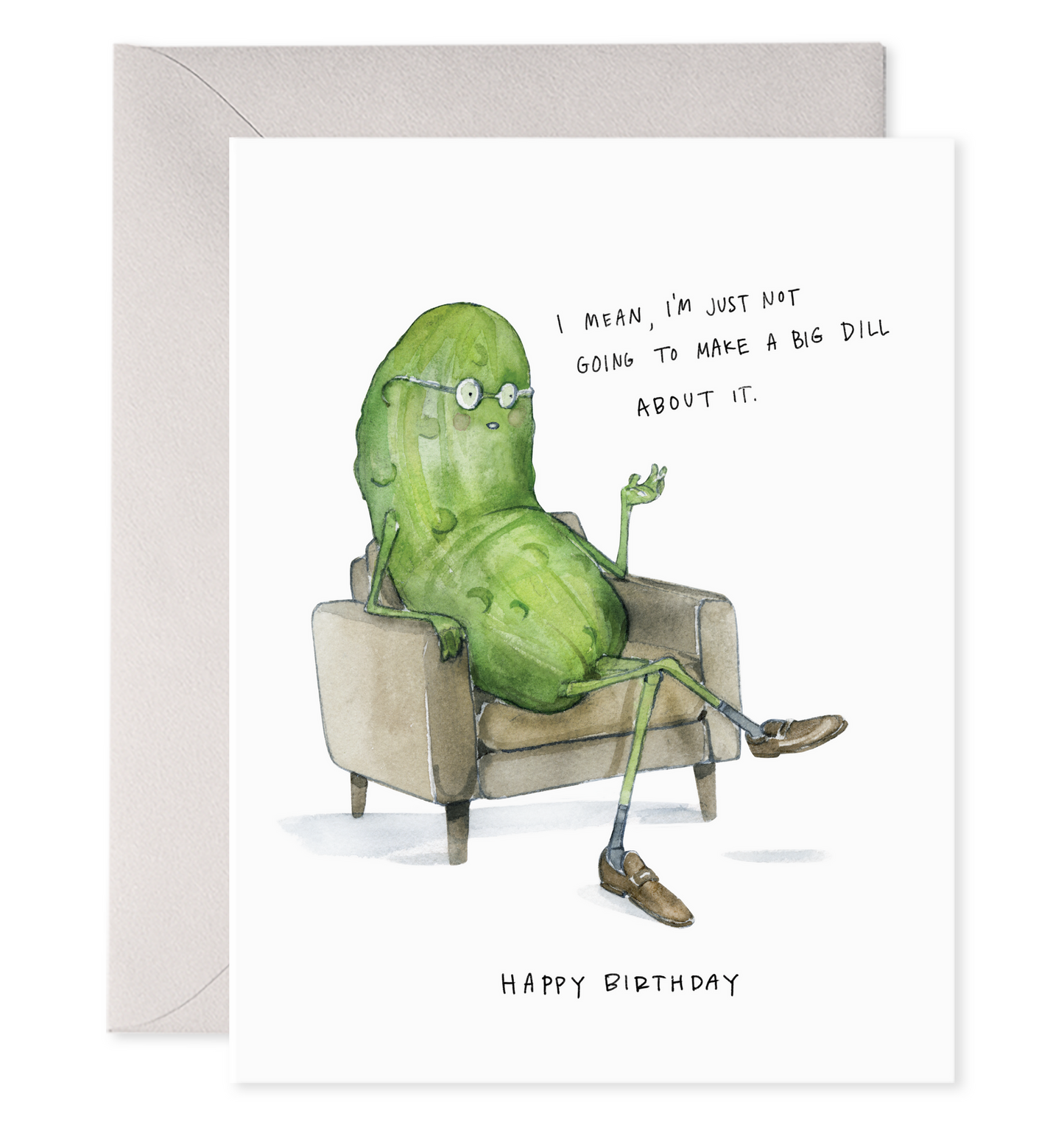 Birthday greeting card with green pickle character sitting in lounge chair