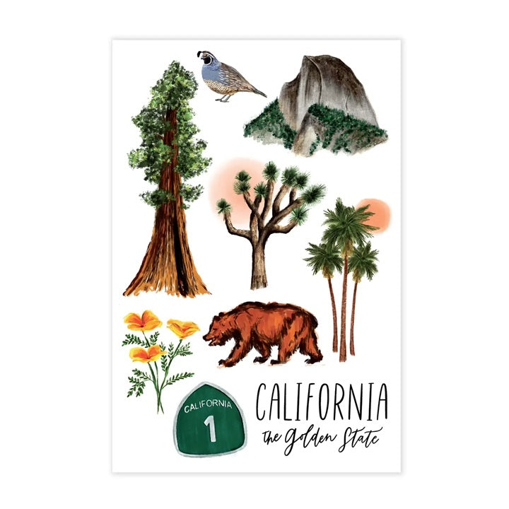 California-themed collage postcard with wildlife, trees, and “CALIFORNIA” text.