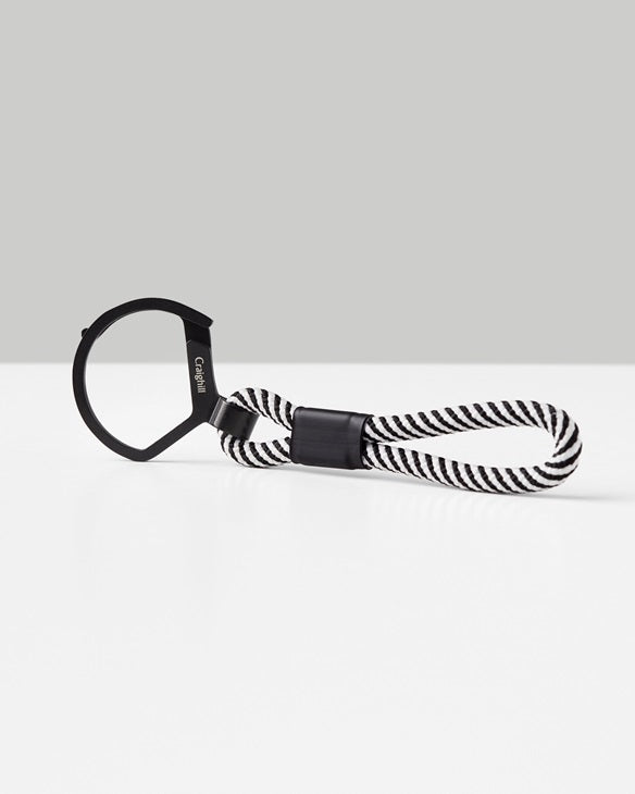 Black rope split ring keychain with braided striped handle and metal split key ring
