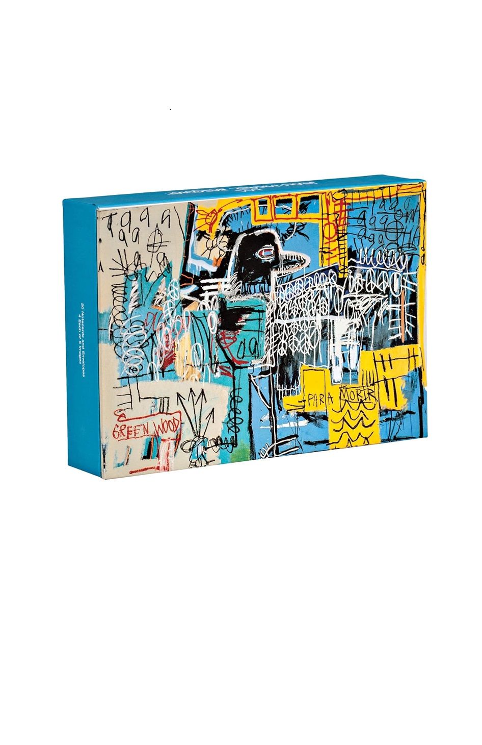 Flip-top notecard box featuring colorful illustrated face and blue sides