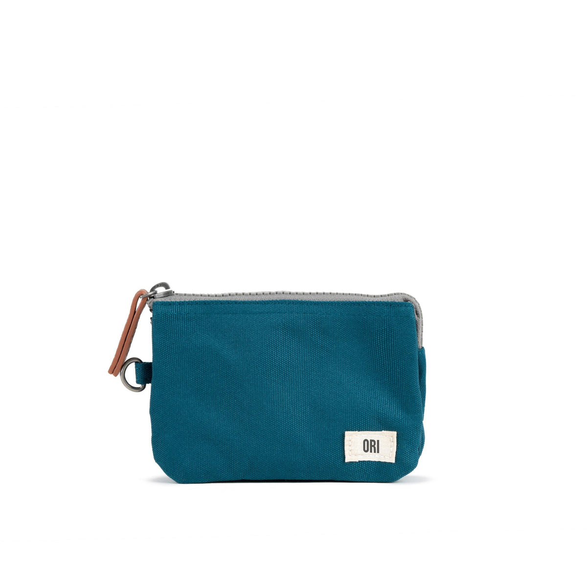 Small marine recycled canvas zip pouch with front tag and metal zipper pull