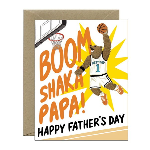 Father's Day greeting card with basketball, cartoon player, and boom text