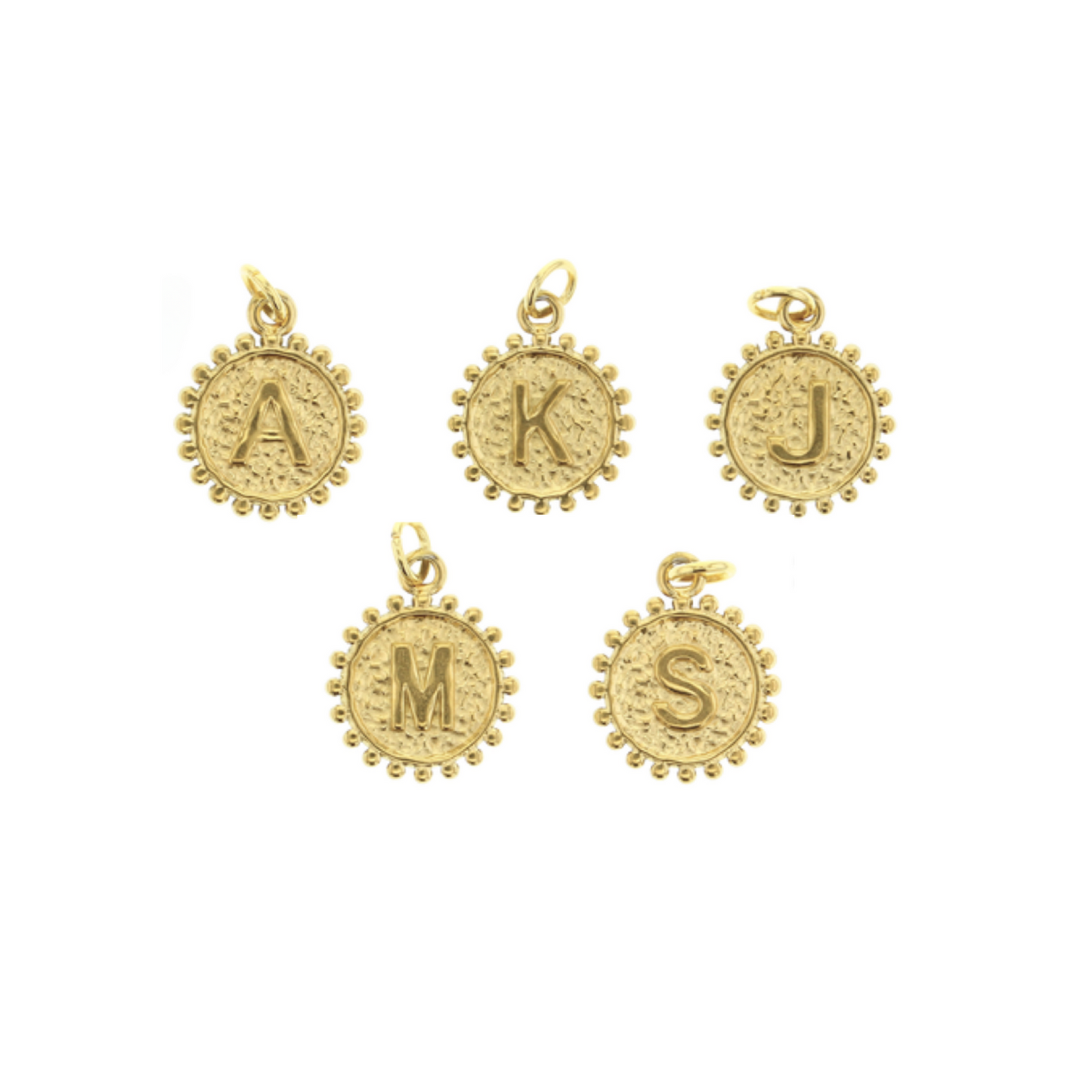 Gold beaded round letter charm set with initials A, K, J, M, and S
