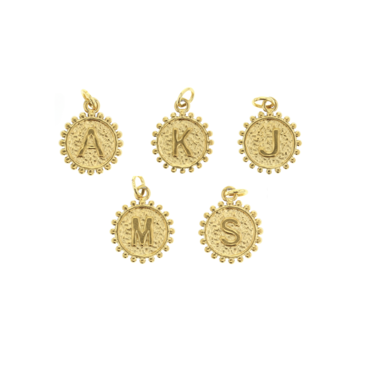 Gold beaded round letter charm set with initials A, K, J, M, and S
