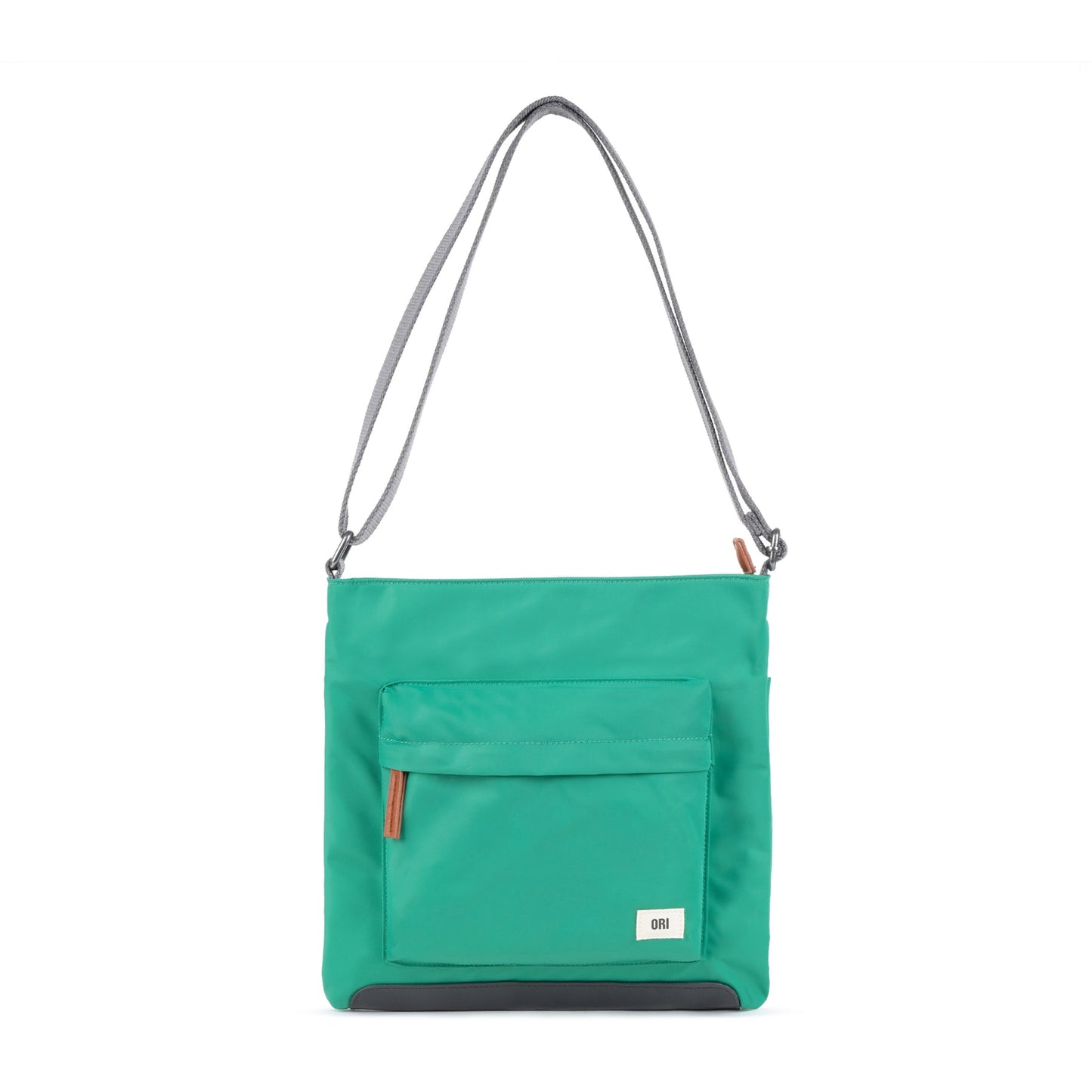 Sustainable nylon crossbody bag in teal green with zip front pocket