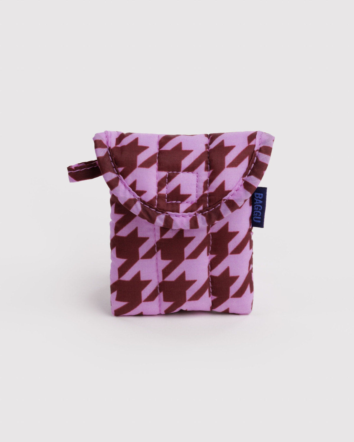 Puffy earbuds case with purple-and-maroon houndstooth pattern, snap flap and side ribbon loop