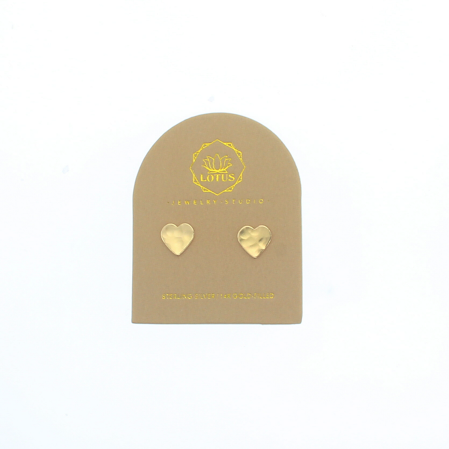 Gold heart stud earrings on card, two gold-tone heart studs