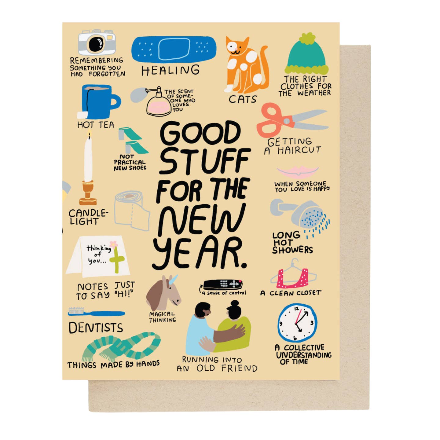 New Year card with “Good Stuff for the New Year” and healing, cats, clothes icons