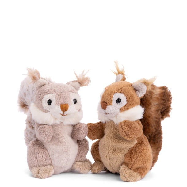 Two plush animal bag charms, grey and brown, with soft textured fur