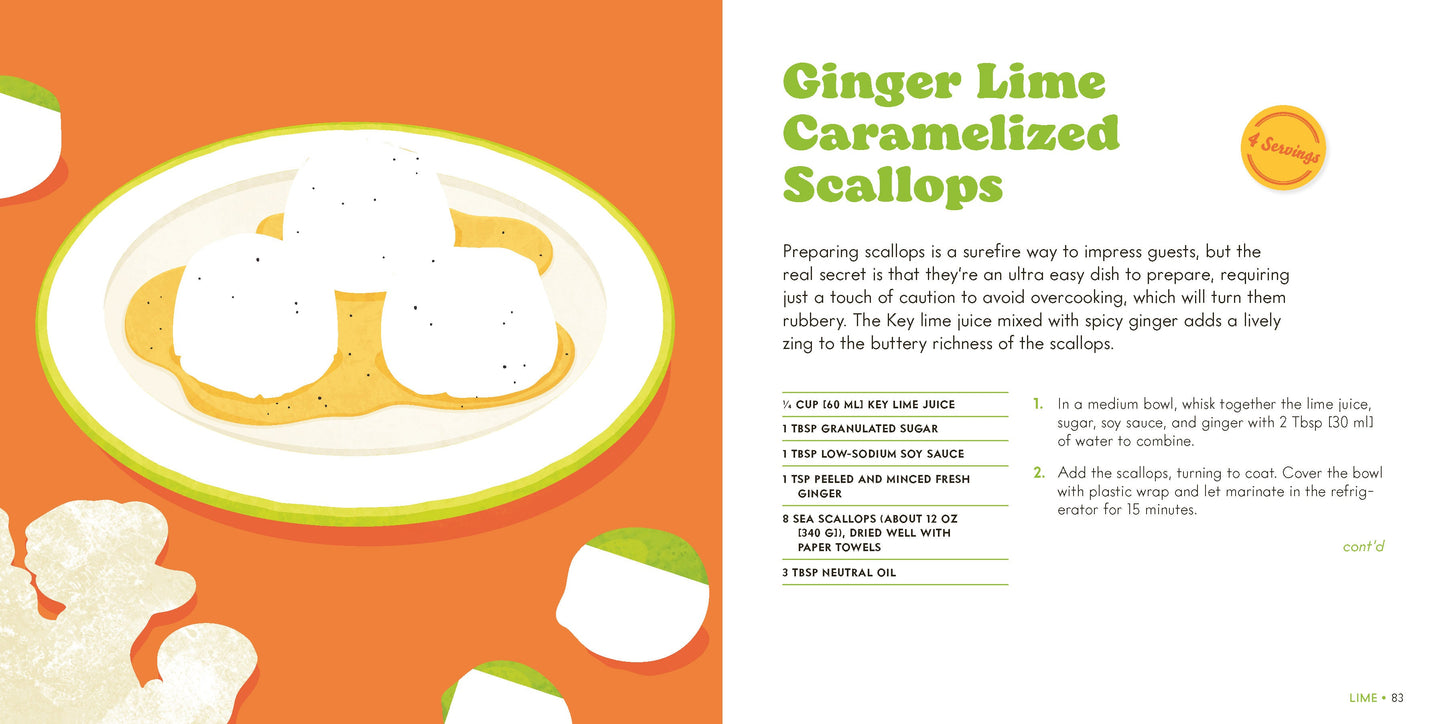 Cooking book recipe spread with “Ginger Lime Caramelized Scallops” and plated scallops