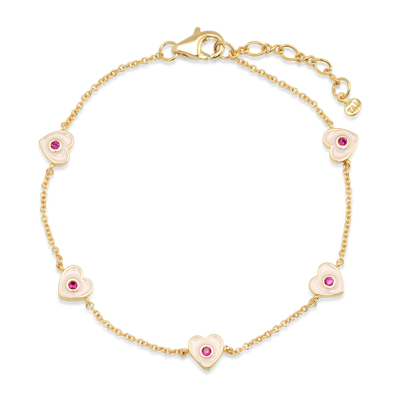 Gold chain bracelet with five pink enamel heart charms and purple inlay