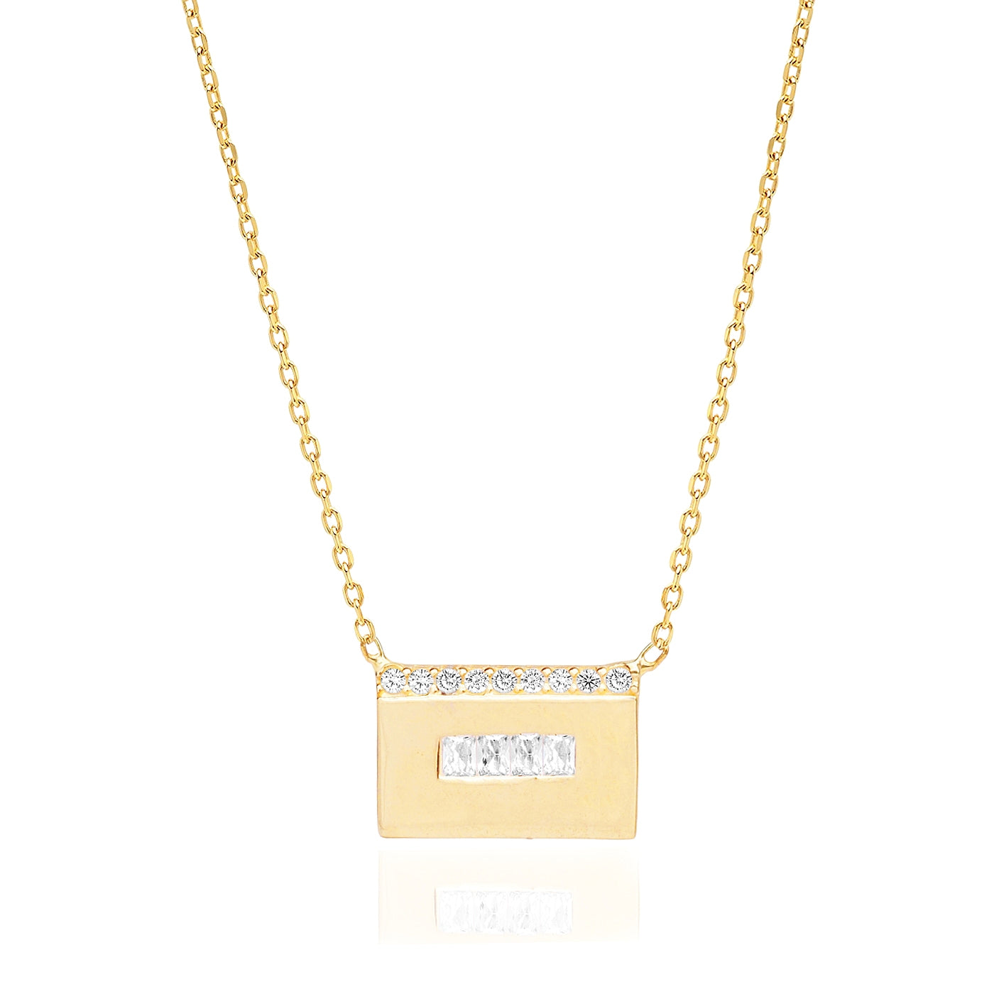 Gold-tone square letter pendant necklace with baguette CZ accents, fine chain