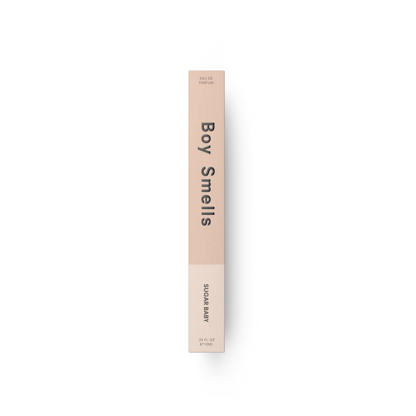 10 ml fragrance bottle side view, rose-pink cylinder with beige cap and branding text