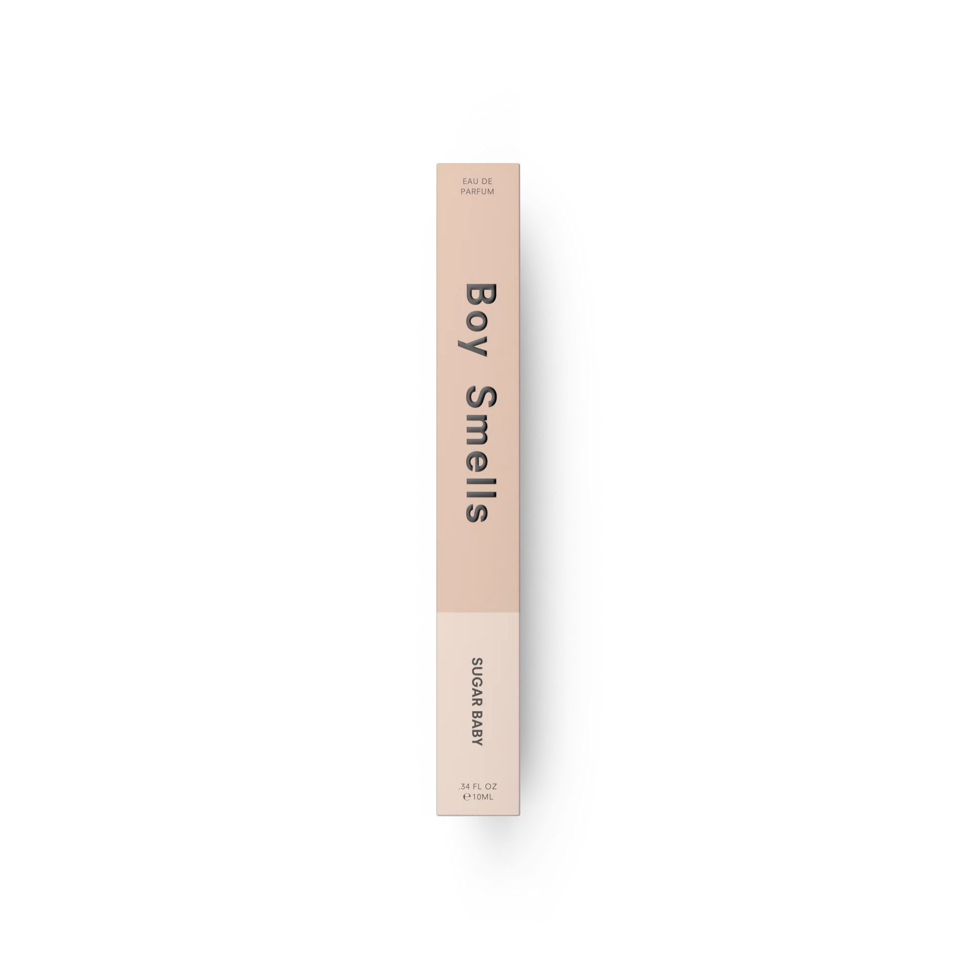 10 ml fragrance bottle side view, rose-pink cylinder with beige cap and branding text