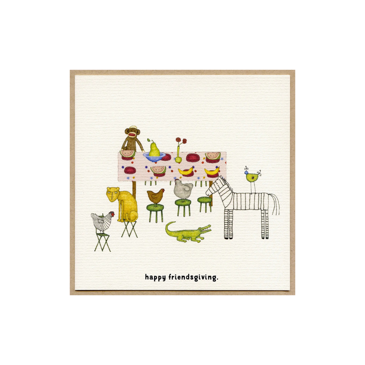 Friendsgiving greeting card with playful turkey and friends illustration, text 'happy friendsgiving.'