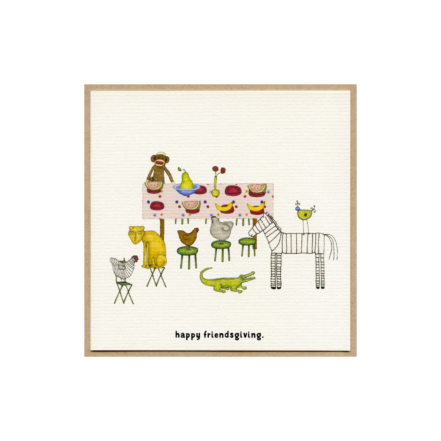 Friendsgiving greeting card with playful turkey and friends illustration, text 'happy friendsgiving.'