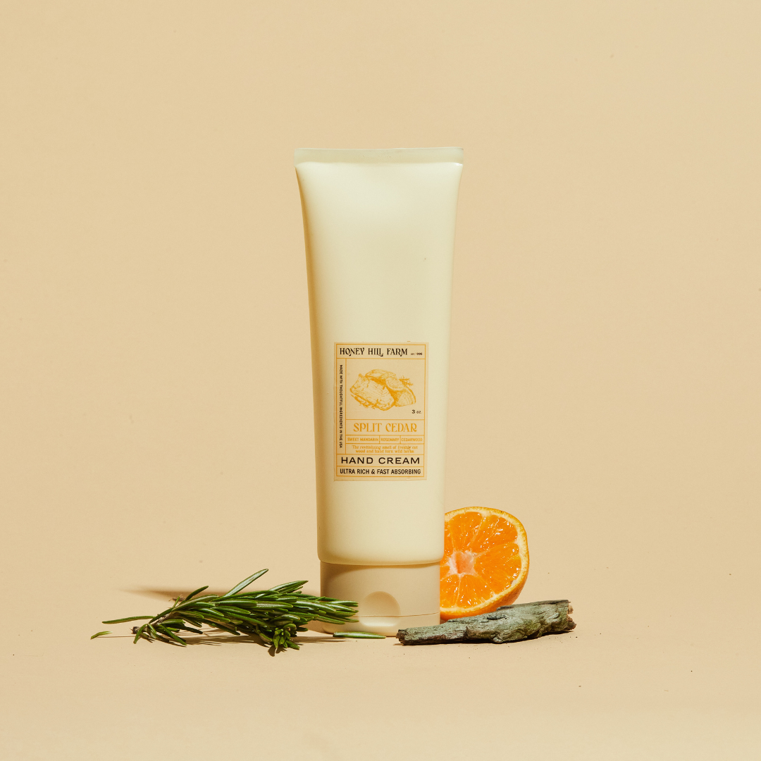 Hand cream tube, pale-yellow, with Honey Hill Farm scent label