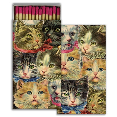 Cat-themed match covers set with assorted cat faces, colorful paper, pink matchsticks