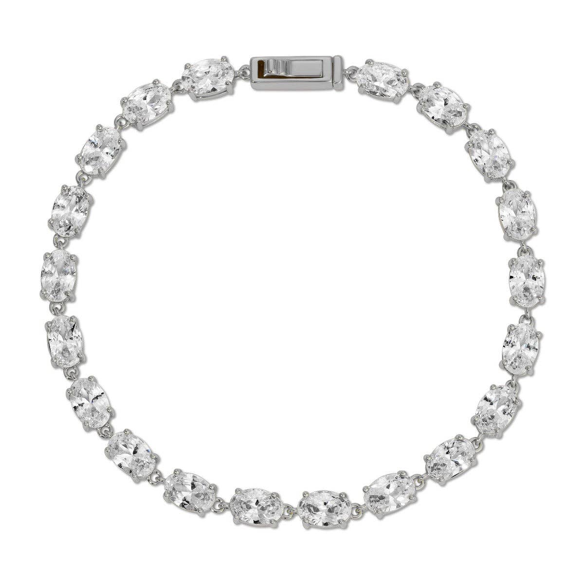 Oval tennis bracelet in rhodium silver with oval crystal links and center rectangular clasp