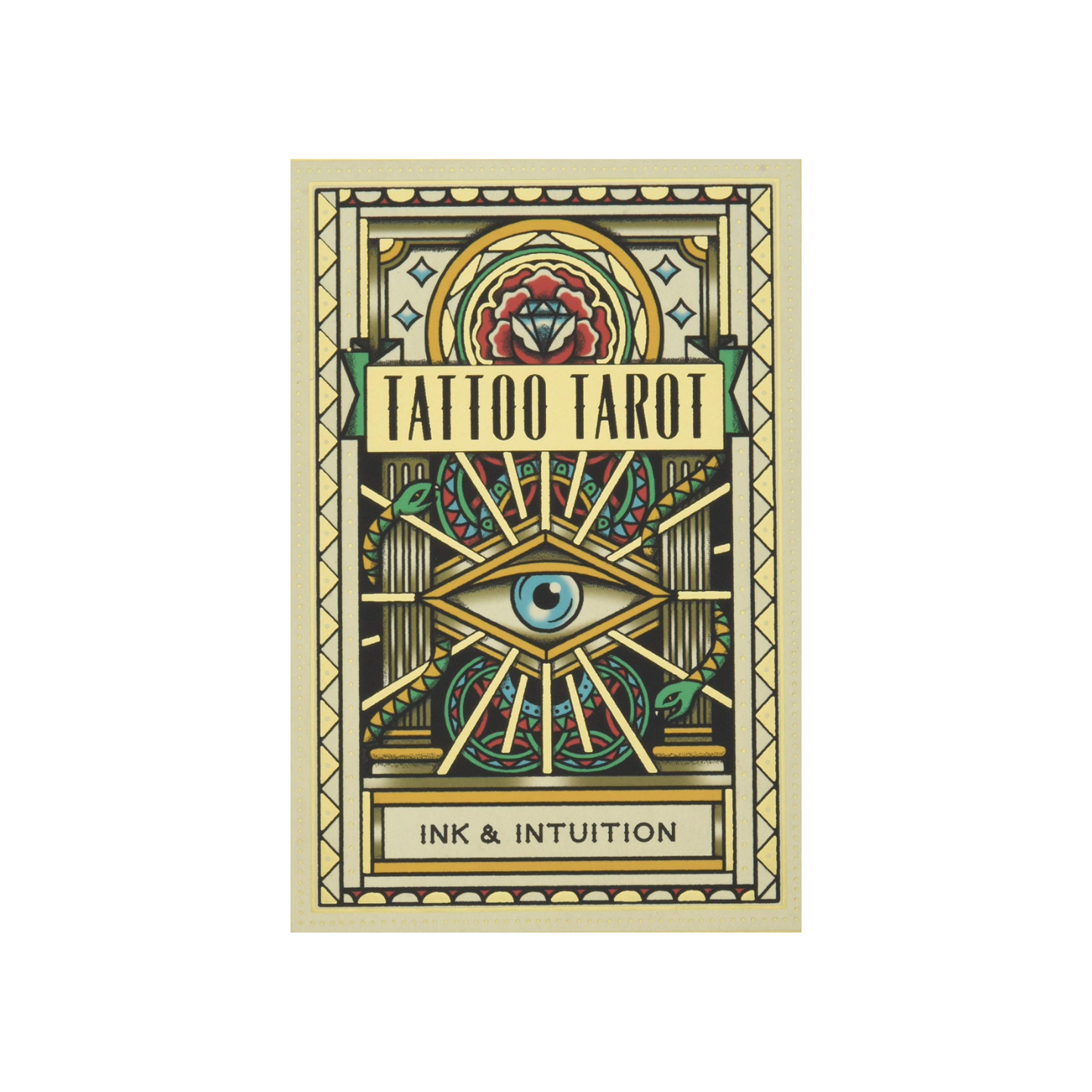 Tattoo-style tarot deck box with eye-and-rose emblem and green gold title