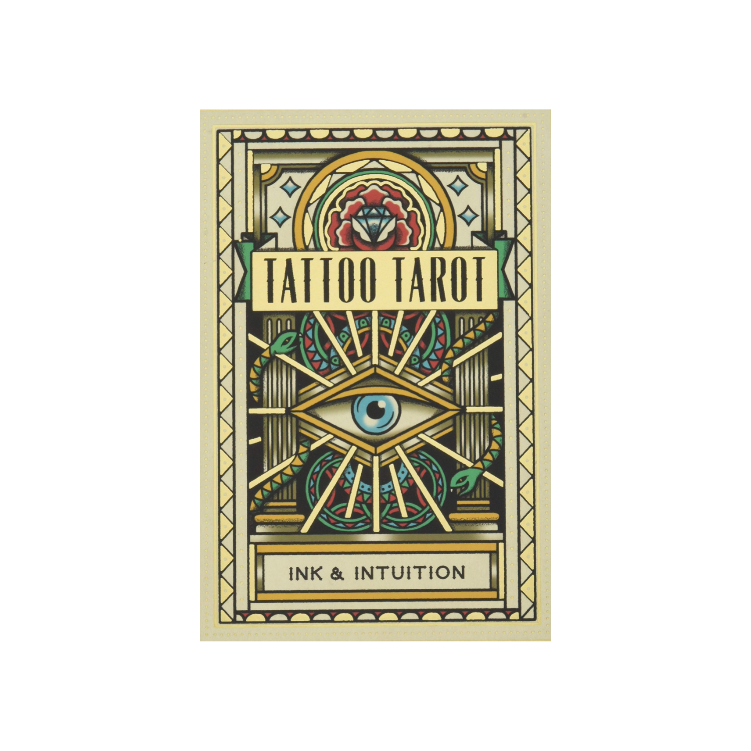 Tattoo-style tarot deck box with eye-and-rose emblem and green gold title