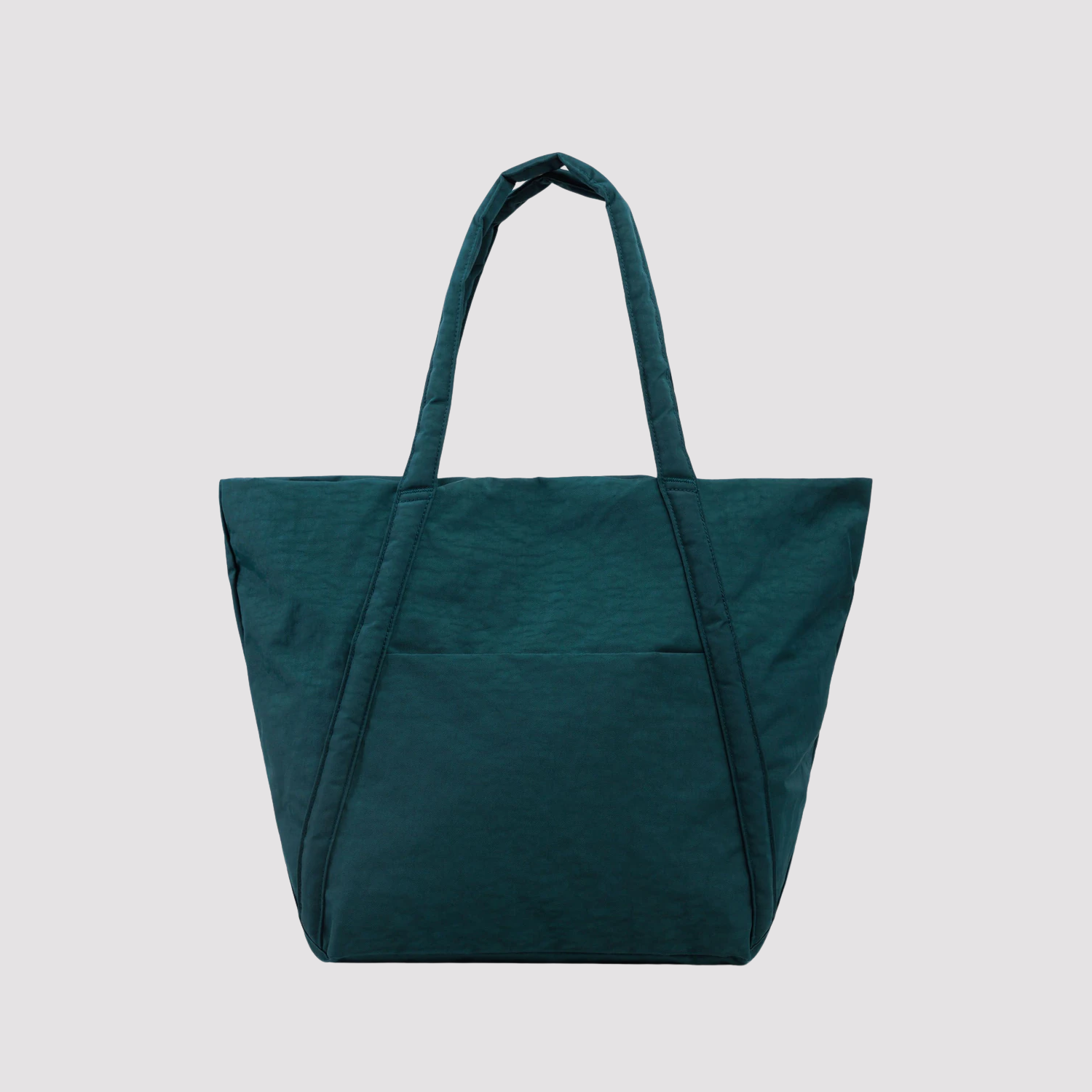 Teal tote bag with two top handles, rectangular shape, and subtle seams.