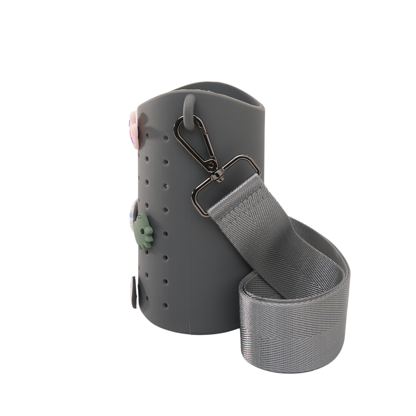 Koala-themed dark gray sling bag, side view with gray strap and metal clasp