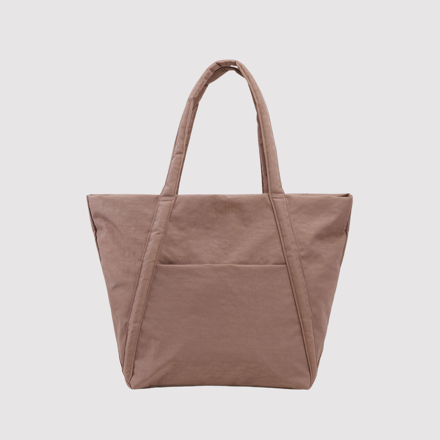 Taupe solid tote bag with two top handles and a structured rectangular body