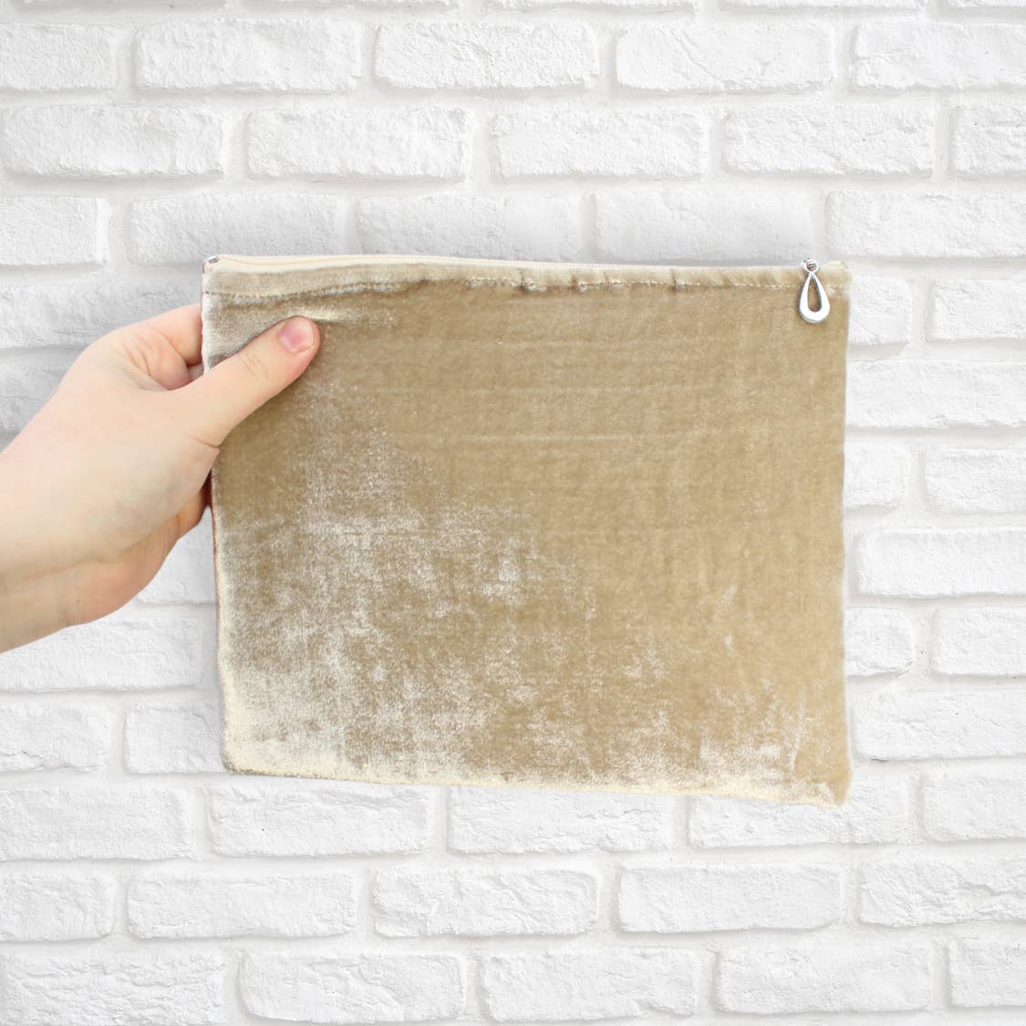 Large silk velvet pouch with drawstring, champagne beige