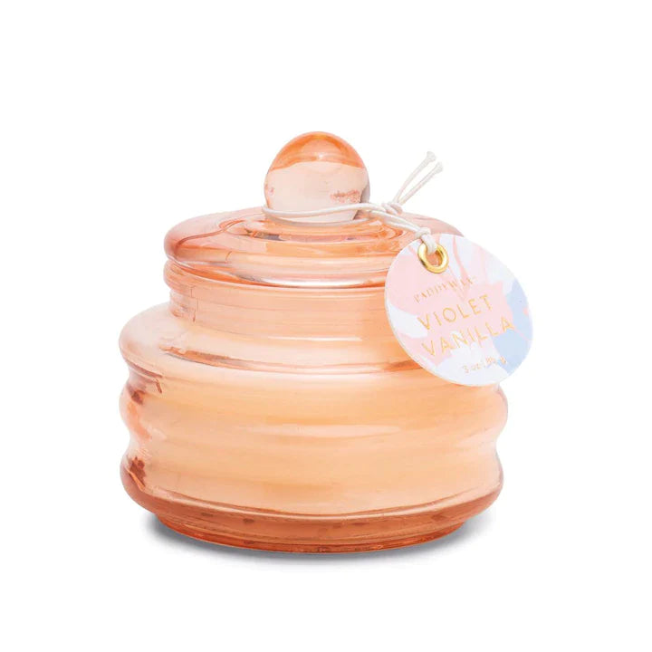 Beam candle in peach glass jar with scent tag: Violet Vanilla