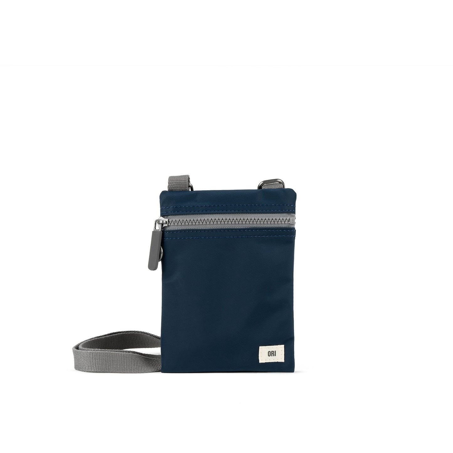 Navy recycled nylon pocket crossbody bag with zip top and gray adjustable strap