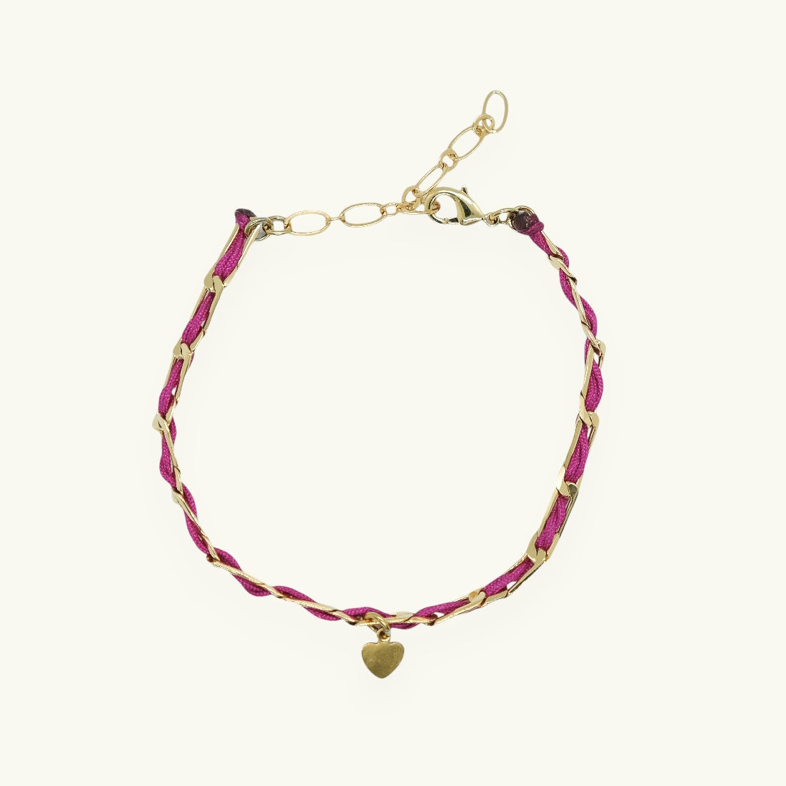 Raspberry heart charm chain bracelet with pink braided links