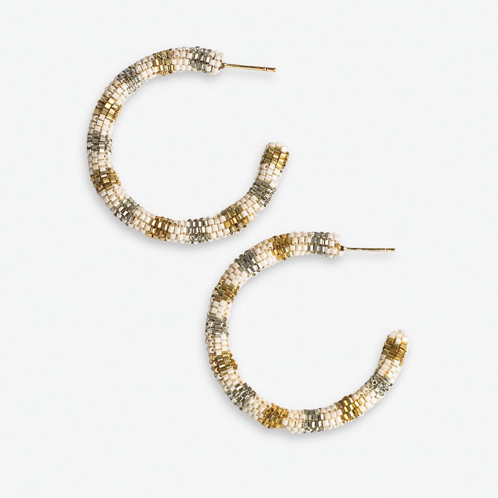 Small beaded hoop earrings, gold-toned beads with striped pattern, wire posts.