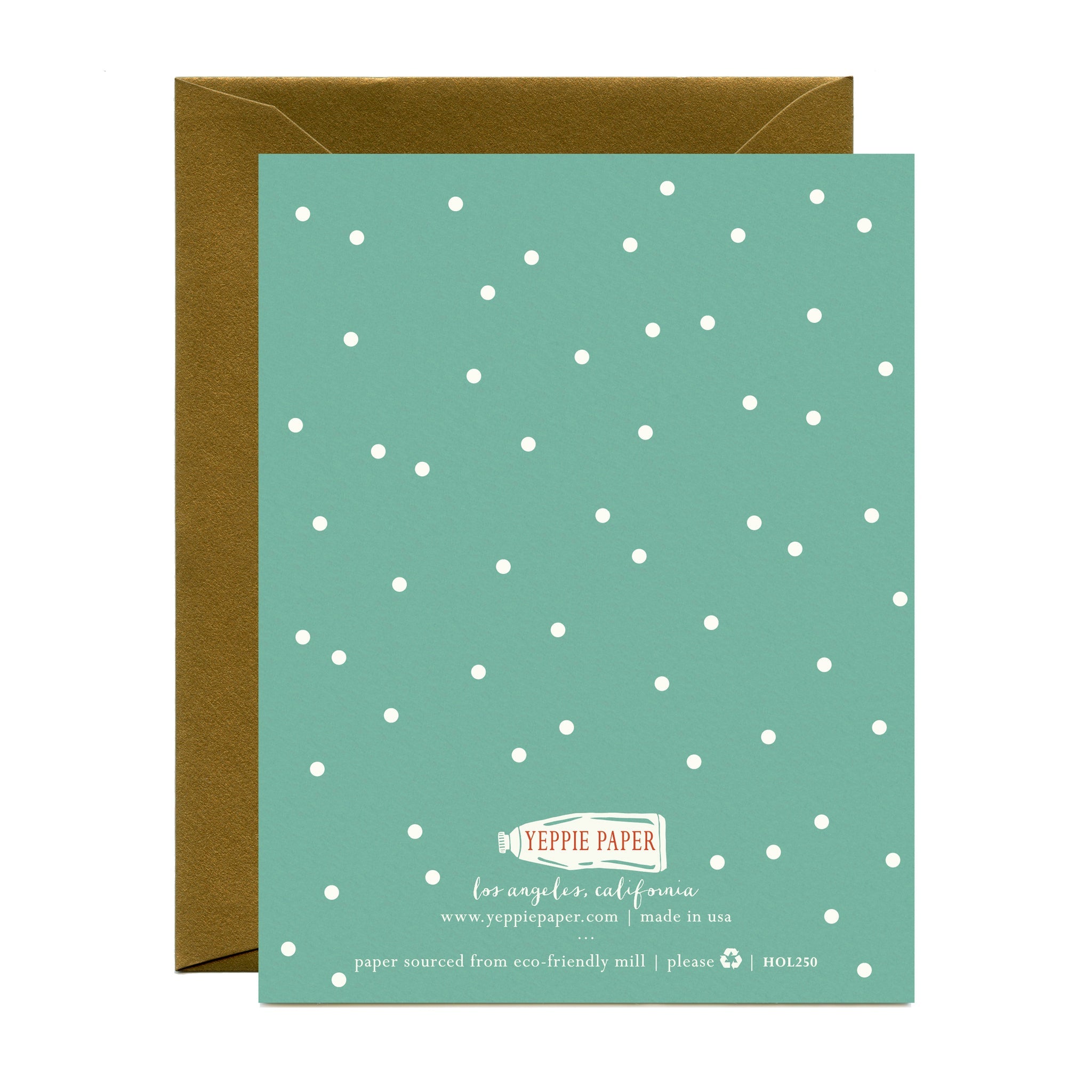 Teal holiday card with white polka dots and YEPPIE PAPER text on back